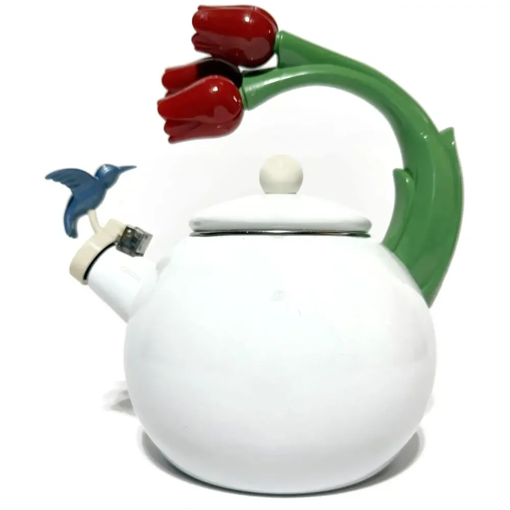 Ancona White Enamel Whistling Tea Kettle Hummingbird Red Tulips Vintage 1990s